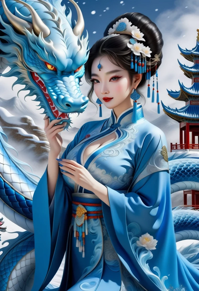 *8k masterpiece, top quality, best quality, official art, (Beauty and Aesthetics: 1.3), Very detailed, (fractal art: 1.3), rich and colorful, Ice and Chinese Dragon, Serpentine, nail, blue and 1 Woman, Han Chinese Women Media, hanfu, blue