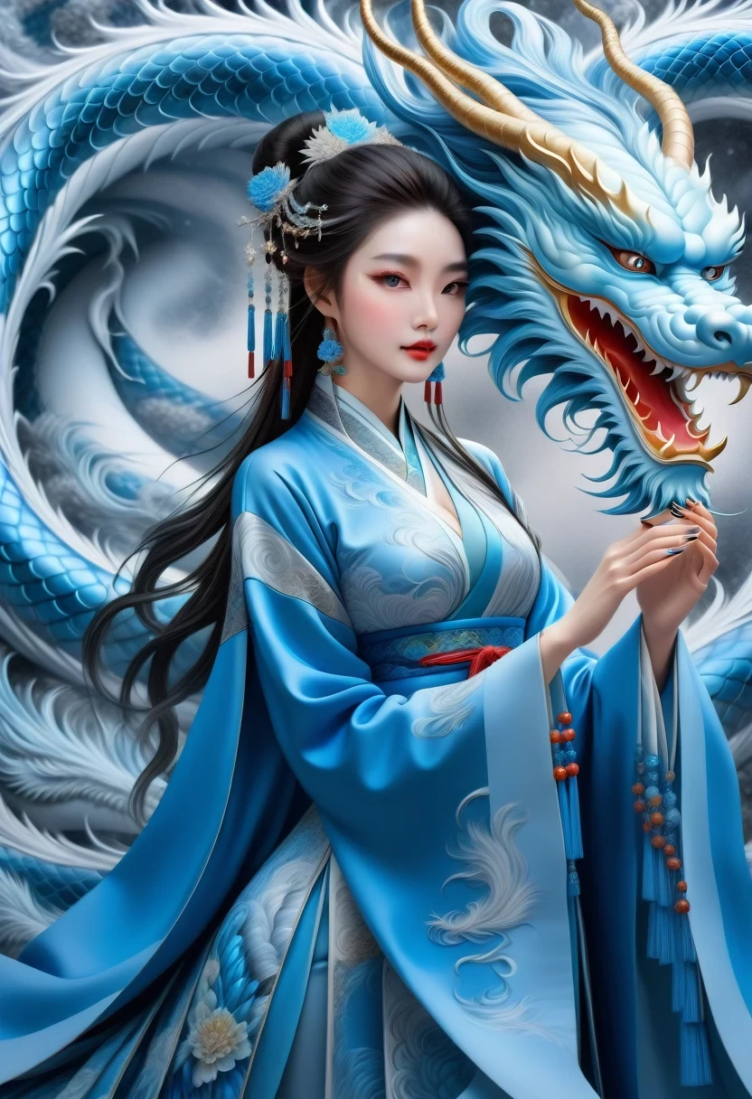 *8k masterpiece, top quality, best quality, official art, (Beauty and Aesthetics: 1.3), Very detailed, (fractal art: 1.3), rich and colorful, Ice and Chinese Dragon, Serpentine, nail, blue and 1 Woman, Han Chinese Women Media, hanfu, blue