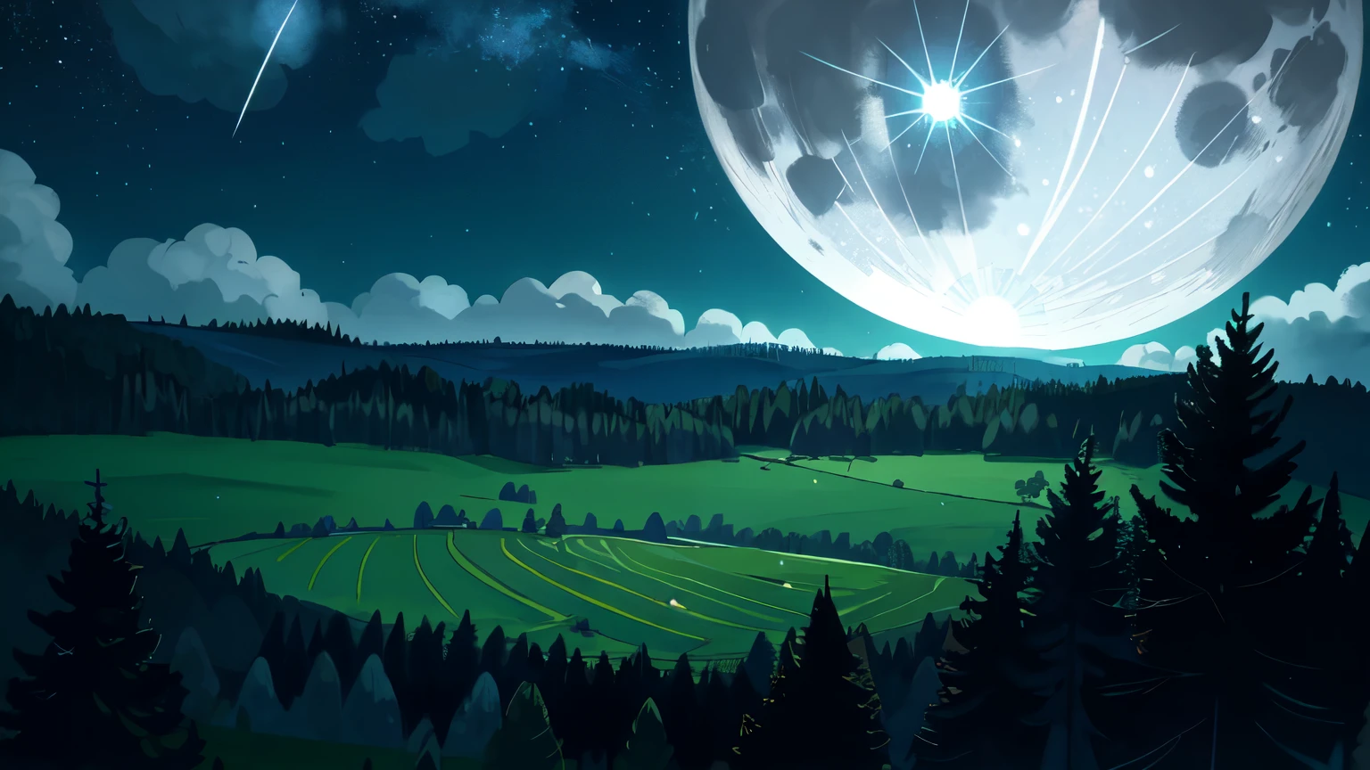 the forest, meadow, night, moon, starry sky, цветочная meadow, круглая meadow, view from above, mystical atmosphere