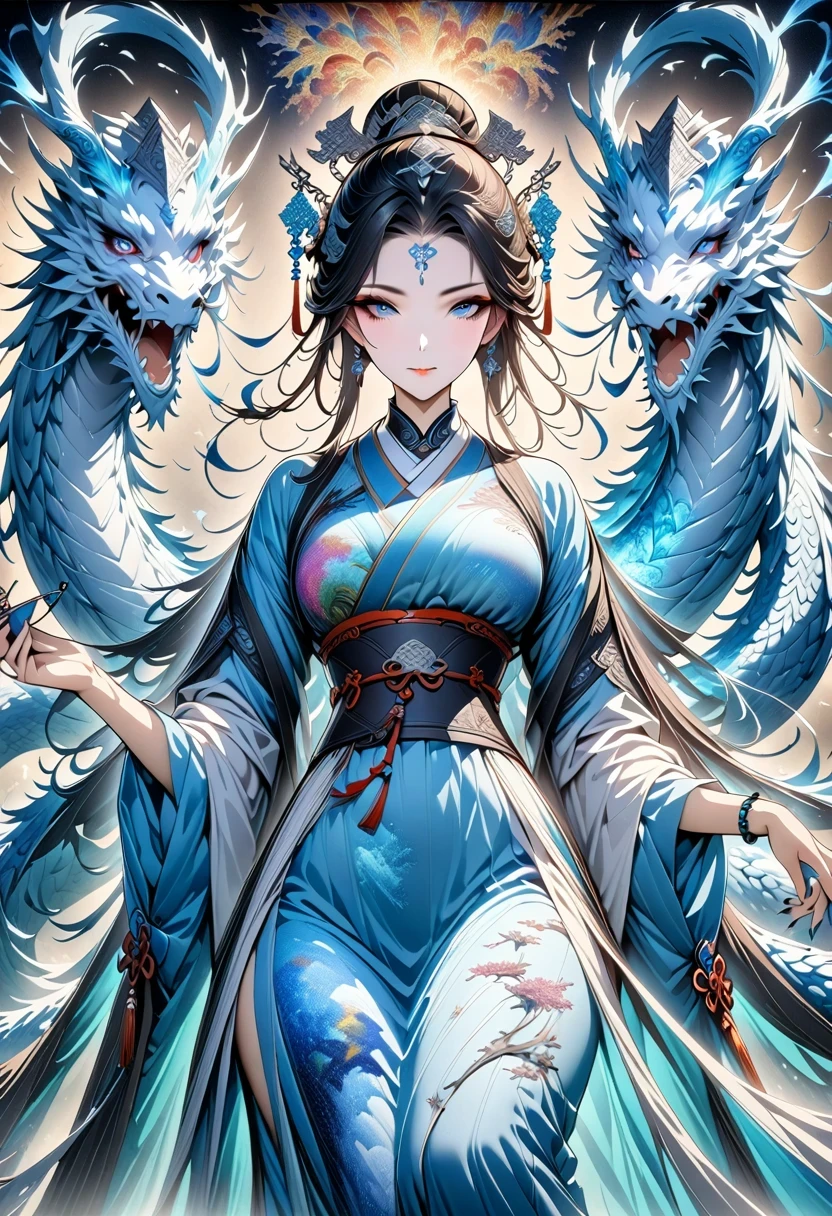 *8k masterpiece, top quality, best quality, official art, (Beauty and Aesthetics: 1.3), Very detailed, (fractal art: 1.3), rich and colorful, Ice and Chinese Dragon, Serpentine, nail, blue and 1 Woman, Han Chinese Women Media, hanfu, blue