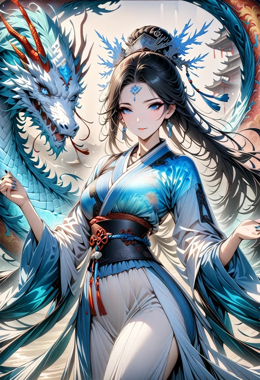 *8k masterpiece, top quality, best quality, official art, (Beauty and Aesthetics: 1.3), Very detailed, (fractal art: 1.3), rich and colorful, Ice and Chinese Dragon, Serpentine, nail, blue and 1 Woman, Han Chinese Women Media, hanfu, blue