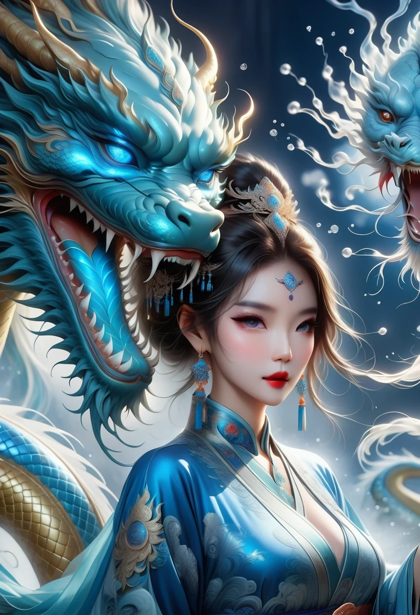 *8k masterpiece, top quality, best quality, official art, (Beauty and Aesthetics: 1.3), Very detailed, (fractal art: 1.3), rich and colorful, Ice and Chinese Dragon, Serpentine, nail, blue and 1 Woman, Han Chinese Women Media, hanfu, blue
