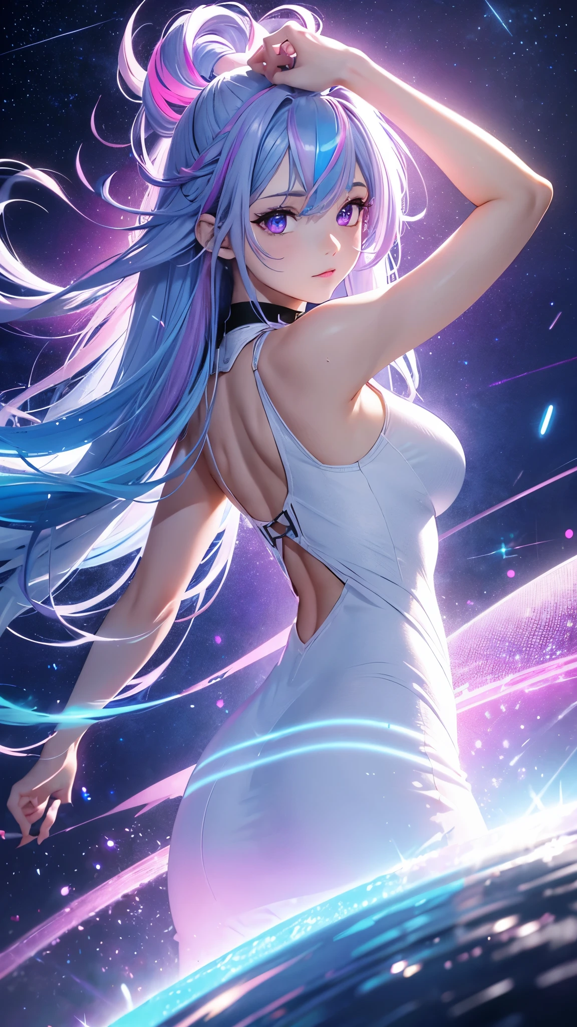 1 girl, 20 year old girl, one person, (Silver blue hair streaked pink purple:1.4), (Gradient sky blue hair ends:1.6), hair strand, absurdly long hair, single sidelock, wavy hair, shiny hair, floating hair, (Illusion deep purple eyes), delicate eyes, aqua eyes, High like real eyes, ((glowing eyes)), makeup, Focus on face, Very detailed facial, hot body, Random environment, Random pose, on the street, looking at the starry night sky, meteor, Technical clothing masterpiece, White extra long skirt, several cross stars beside, Colored lights swirl around the body, (((Extra super huge colorful extra super complex multiple glowing magic circle upright on the back of the head))), cyberpunk, full body shot, realism, chiaroscuro, (glowing light), sparkle, ray tracing, cinematic lighting, Futurism, motion blur, Ultra-Wide Angle, god rays, atmospheric perspective, best quality, UHD, super detail, masterpiece, highres, ccurate, retina