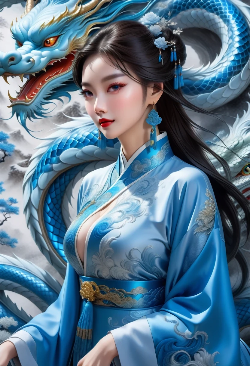 *8k masterpiece, top quality, best quality, official art, (Beauty and Aesthetics: 1.3), Very detailed, (fractal art: 1.3), rich and colorful, Ice and Chinese Dragon, Serpentine, nail, blue and 1 Woman, Han Chinese Women Media, hanfu, blue