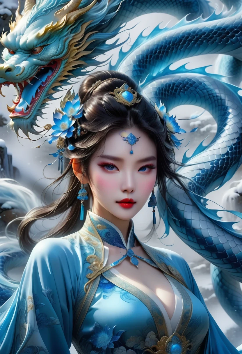 *8k masterpiece, top quality, best quality, official art, (Beauty and Aesthetics: 1.3), Very detailed, (fractal art: 1.3), rich and colorful, Ice and Chinese Dragon, Serpentine, nail, blue and 1 Woman, Han Chinese Women Media, hanfu, blue