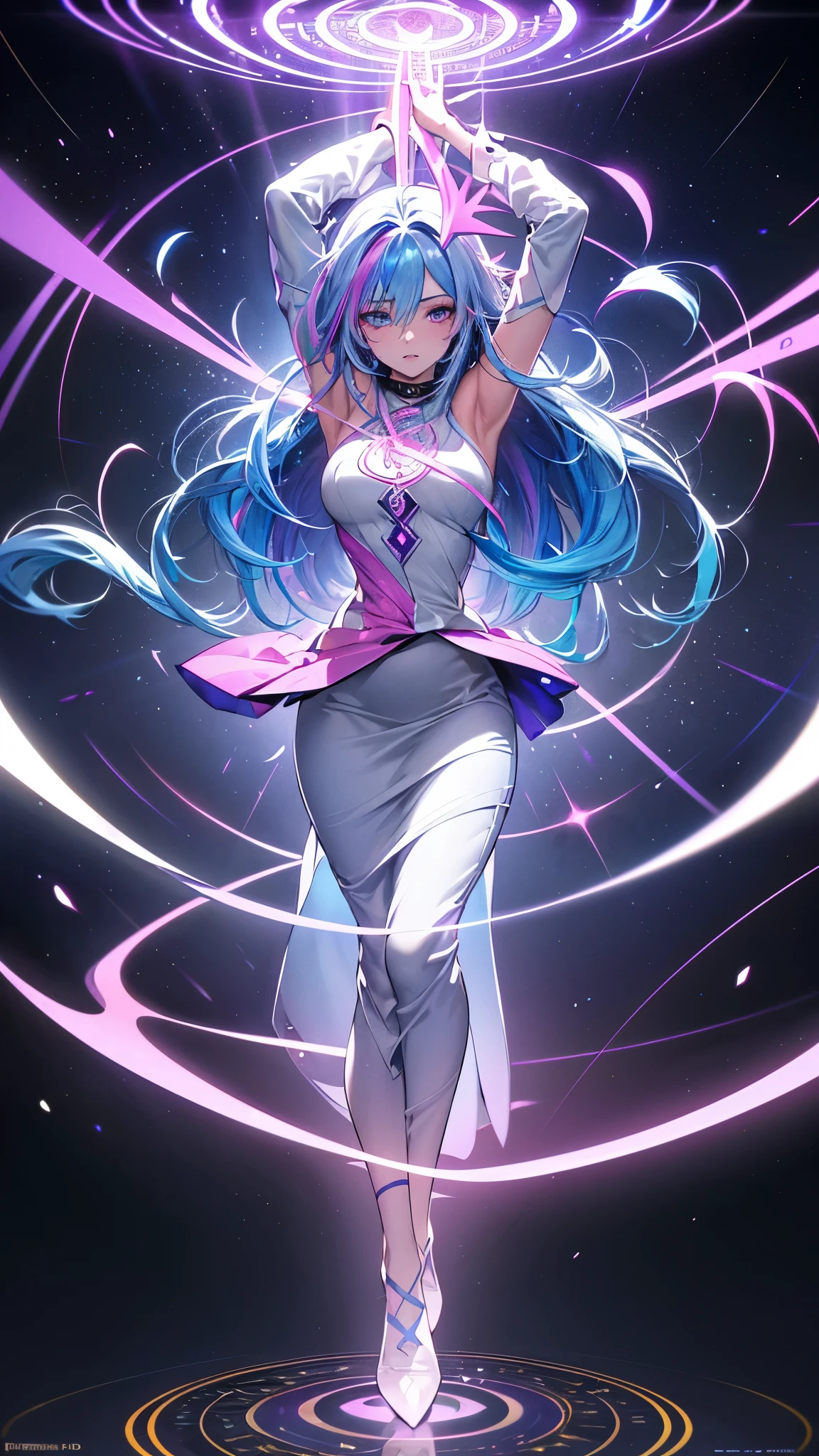 1 girl, 20 year old girl, one person, (Silver blue hair streaked pink purple:1.4), (Gradient sky blue hair ends:1.6), hair strand, absurdly long hair, single sidelock, wavy hair, shiny hair, floating hair, (Illusion deep purple eyes), delicate eyes, aqua eyes, High like real eyes, ((glowing eyes)), makeup, Focus on face, Very detailed facial, hot body, Random environment, Random pose, on the street, looking at the starry night sky, meteor, Technical clothing masterpiece, White extra long skirt, several cross stars beside, Colored lights swirl around the body, (((Extra super huge colorful extra super complex multiple glowing magic circle upright on the back of the head))), cyberpunk, full body shot, realism, chiaroscuro, (glowing light), sparkle, ray tracing, cinematic lighting, Futurism, motion blur, Ultra-Wide Angle, god rays, atmospheric perspective, best quality, UHD, super detail, masterpiece, highres, ccurate, retina