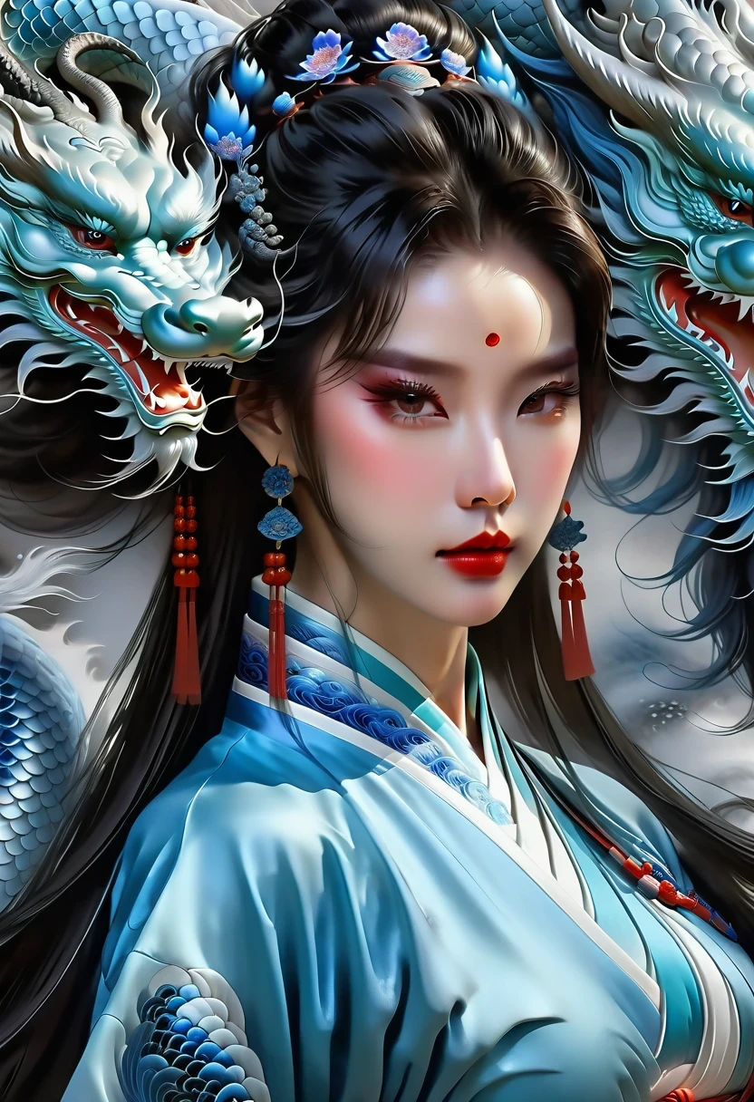 *8k masterpiece, top quality, best quality, official art, (Beauty and Aesthetics: 1.3), Very detailed, (fractal art: 1.3), rich and colorful, Ice and Chinese Dragon, Serpentine, nail, blue and 1 Woman, Han Chinese Women Media, hanfu, blue