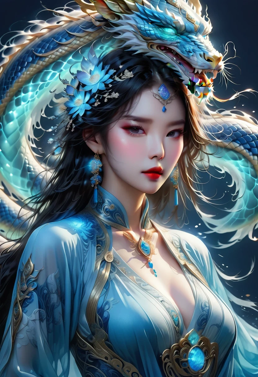 *8k masterpiece, top quality, best quality, official art, (Beauty and Aesthetics: 1.3), Very detailed, (fractal art: 1.3), rich and colorful, Ice and Chinese Dragon, Serpentine, nail, blue and 1 Woman, Han Chinese Women Media, hanfu, blue