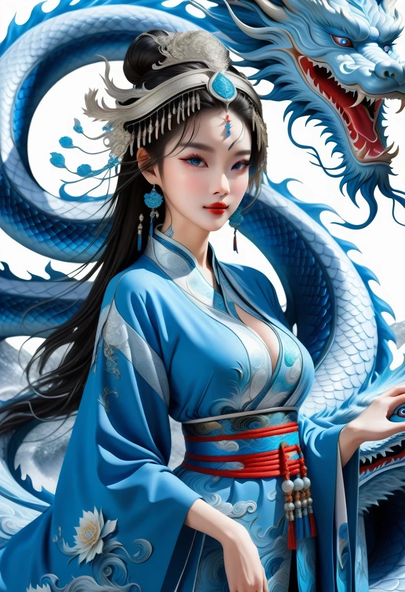 *8k masterpiece, top quality, best quality, official art, (Beauty and Aesthetics: 1.3), Very detailed, (fractal art: 1.3), rich and colorful, Ice and Chinese Dragon, Serpentine, nail, blue and 1 Woman, Han Chinese Women Media, hanfu, blue