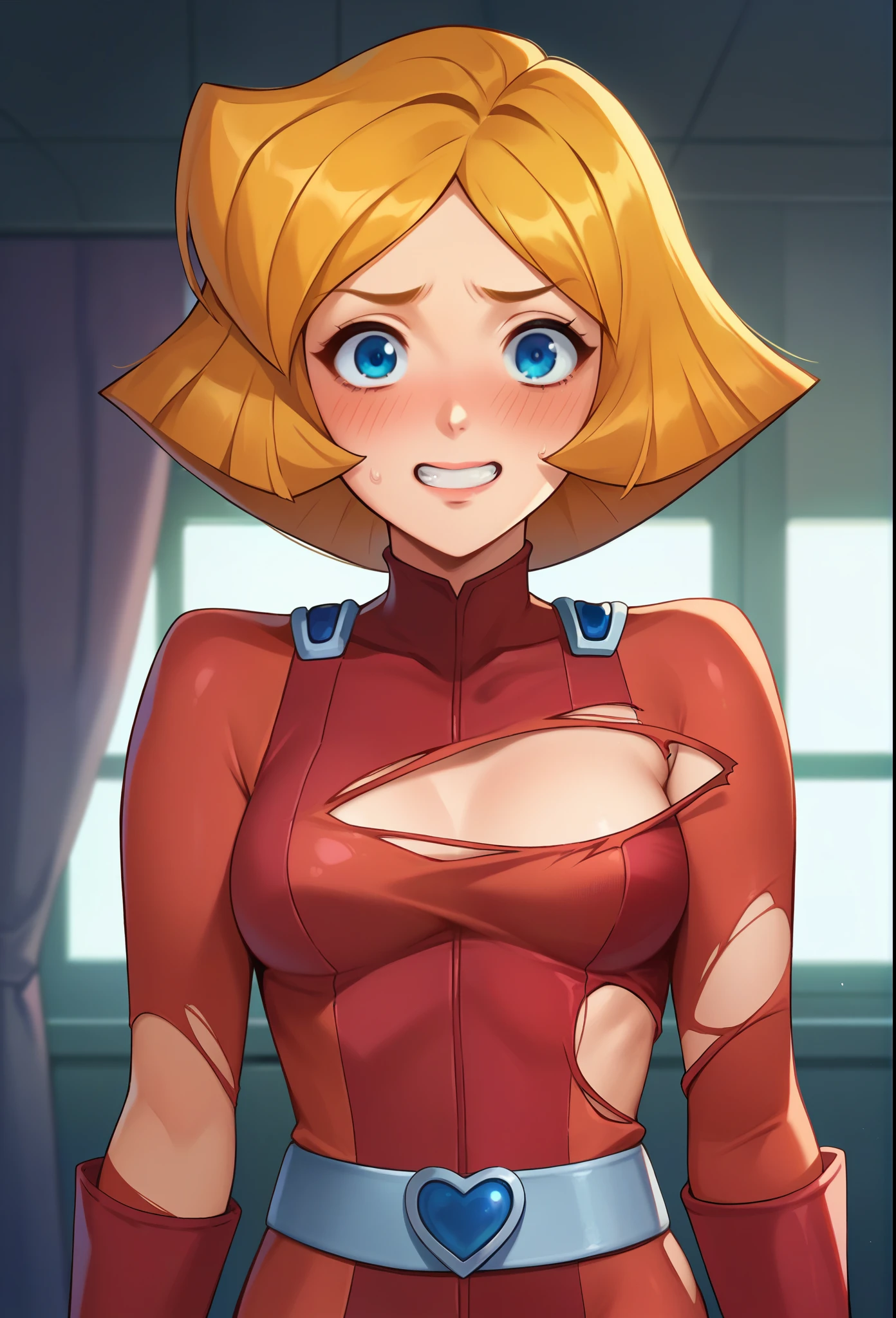 score_9, score_8_up, score_7_up, score_6_up, score_5_up, score_4_up, BREAK 1girl, clover \(totally spies\), blonde hair, short hair, blue eyes, red bodysuit, belt, grin, looking at viewer, standing, upper body, indoors, ((blushing)), ((shy)), ((torn full clothes:1.3)),(torn naked clothes),((all body))