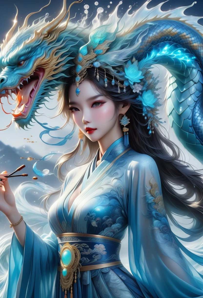 *8k masterpiece, top quality, best quality, official art, (Beauty and Aesthetics: 1.3), Very detailed, (fractal art: 1.3), rich and colorful, Ice and Chinese Dragon, Serpentine, nail, blue and 1 Woman, Han Chinese Women Media, hanfu, blue