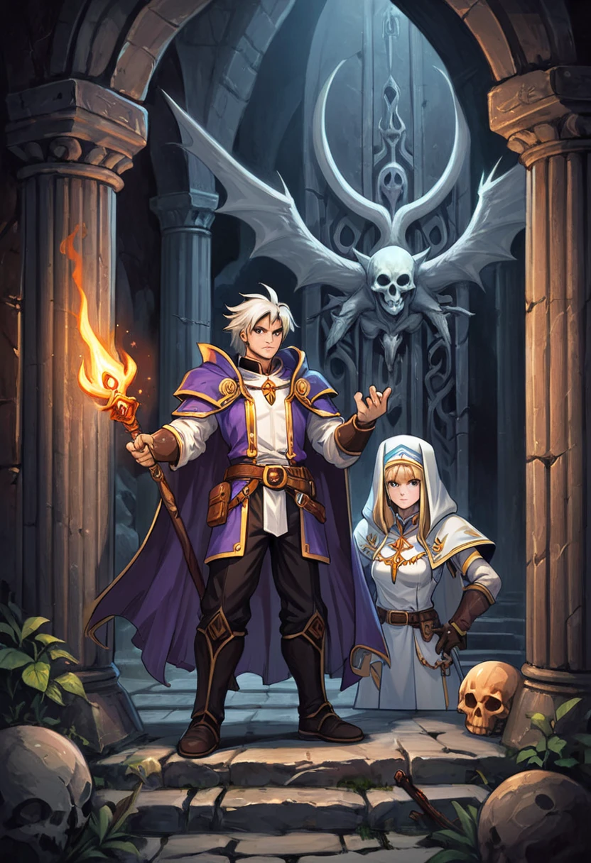 Adventure Story of Mage and priest, Adventure team, dark Dungeon, masterpiece, best quality, perfect composition, very aesthetic, absurdres, ultra-detailed, intricate details, Professional, official art, Representative work