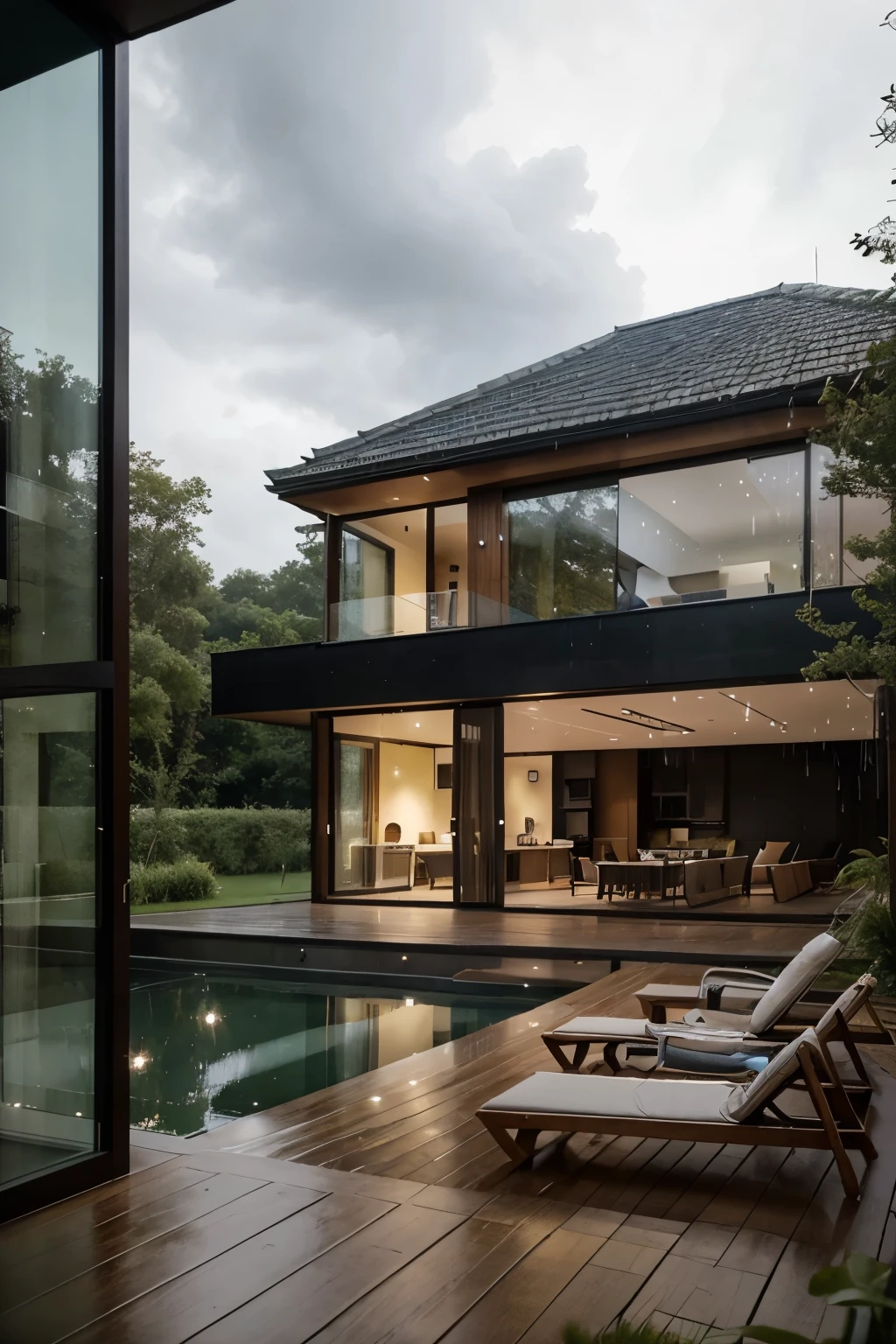 Generate a relaxing image of a large modern house perched on a hill, offering a wonderful view of nature despite the pouring rain outside. La maison, avec son grand plafond et ses lignes épurées, is a haven of tranquility. The interior includes a modern and stunning living room, offering a calming view of the outside environment. The large bay windows allow you to contemplate a green landscape or a calm lake, creating a feeling of calm and well-being. The gray and blue tones of the rain blend harmoniously with the warm shades of the interior lights, ajoutant à l'atmosphère relaxante de la scène. Despite the rain, cette image inspire la sérénité et l'harmonie avec la nature la maison est un maison très luxueuse