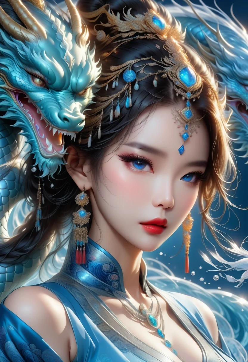 *8k masterpiece, top quality, best quality, official art, (Beauty and Aesthetics: 1.3), Very detailed, (fractal art: 1.3), rich and colorful, Ice and Chinese Dragon, Serpentine, nail, blue and 1 Woman, Han Chinese Women Media, hanfu, blue
