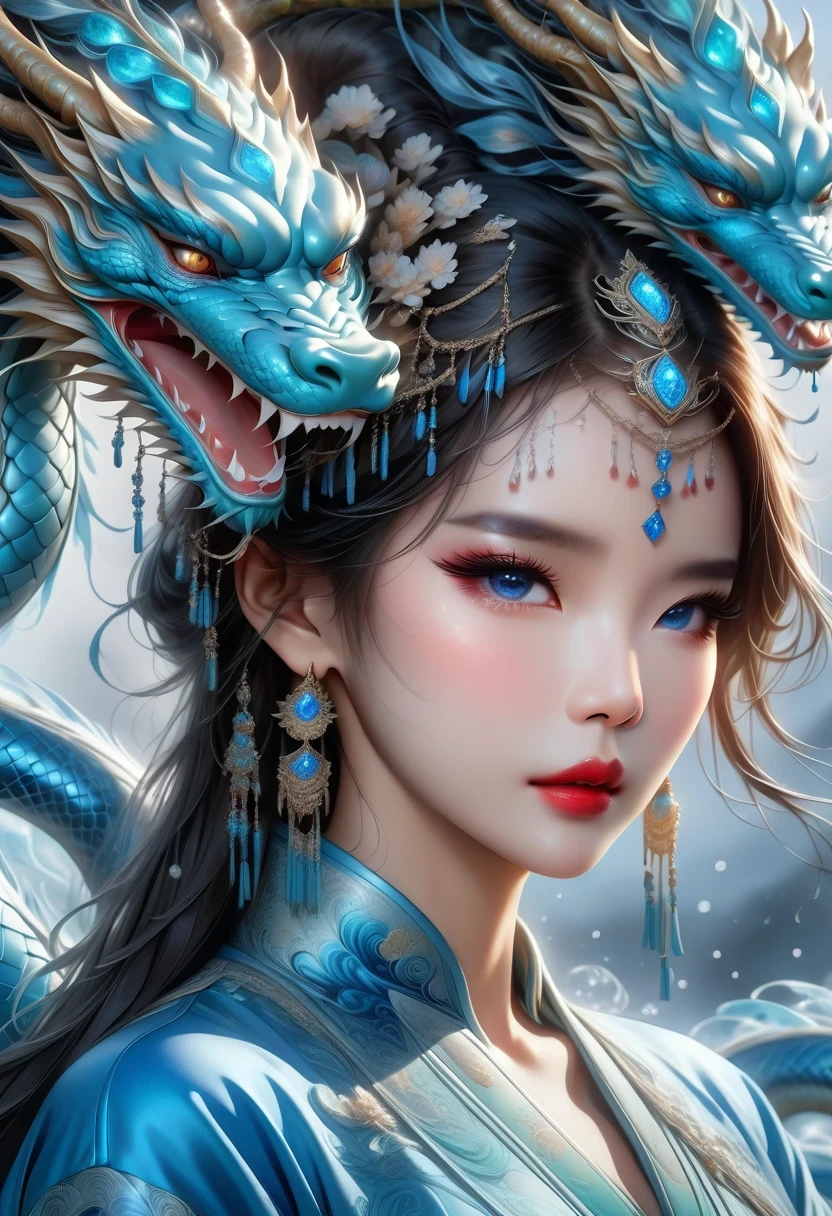 *8K masterpiece, Highest quality, Highest quality, Official Art, (Beauty and aesthetics: 1.3), Very detailed, (Fractal Art: 1.3), colorful, Ice and Chinese dragon, Serpentine body, nail, cyan and 1 Woman, Hanwomen's Media, Hanfu, cyan