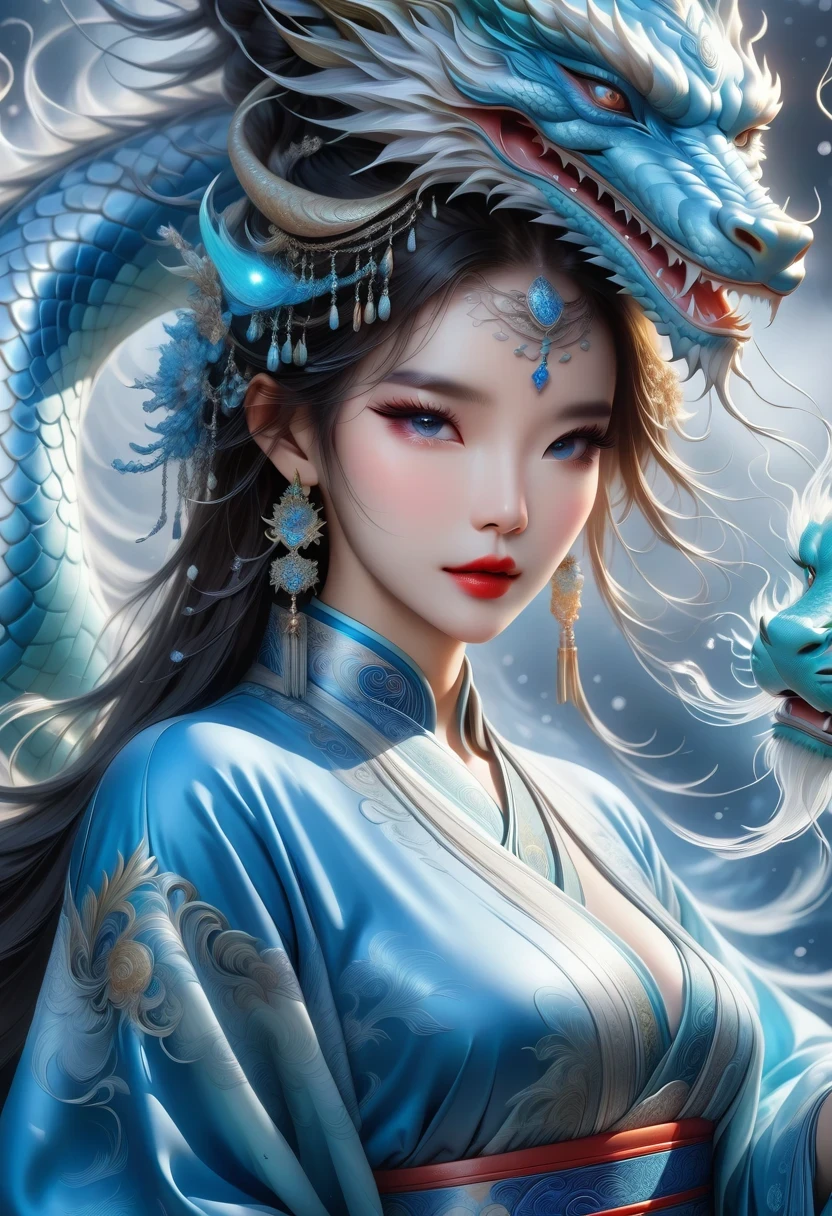 *8k masterpiece, top quality, best quality, official art, (Beauty and Aesthetics: 1.3), Very detailed, (fractal art: 1.3), rich and colorful, Ice and Chinese Dragon, Serpentine, nail, blue and 1 Woman, Han Chinese Women Media, hanfu, blue