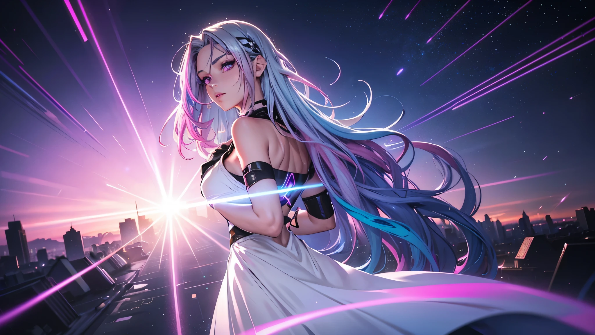 1 girl, 20 year old girl, one person, (Silver blue hair streaked pink purple:1.4), (Gradient sky blue hair ends:1.6), hair strand, absurdly long hair, single sidelock, wavy hair, shiny hair, floating hair, (Illusion deep purple eyes), delicate eyes, aqua eyes, High like real eyes, ((glowing eyes)), makeup, Focus on face, Very detailed facial, hot body, Random environment, Random pose, on the street, looking at the starry night sky, meteor, Technical clothing masterpiece, White extra long skirt, several cross stars beside, Colored lights swirl around the body, (((Extra super huge colorful extra super complex multiple glowing magic circle upright on the back of the head))), cyberpunk, full body shot, realism, chiaroscuro, (glowing light), sparkle, ray tracing, cinematic lighting, Futurism, motion blur, Ultra-Wide Angle, god rays, atmospheric perspective, best quality, UHD, super detail, masterpiece, highres, ccurate, retina