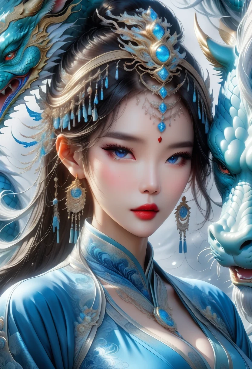 *8k masterpiece, top quality, best quality, official art, (Beauty and Aesthetics: 1.3), Very detailed, (fractal art: 1.3), rich and colorful, Ice and Chinese Dragon, Serpentine, nail, blue and 1 Woman, Han Chinese Women Media, hanfu, blue