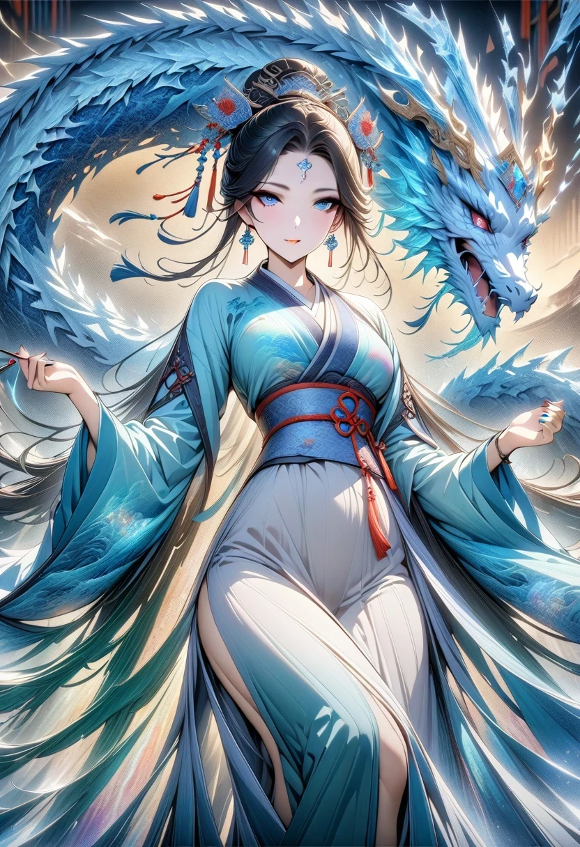 *8k masterpiece, top quality, best quality, official art, (Beauty and Aesthetics: 1.3), Very detailed, (fractal art: 1.3), rich and colorful, Ice and Chinese Dragon, Serpentine, nail, blue and 1 Woman, Han Chinese Women Media, hanfu, blue