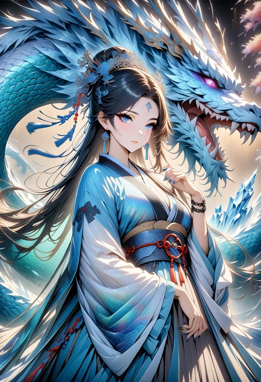 *8k masterpiece, top quality, best quality, official art, (Beauty and Aesthetics: 1.3), Very detailed, (fractal art: 1.3), rich and colorful, Ice and Chinese Dragon, Serpentine, nail, blue and 1 Woman, Han Chinese Women Media, hanfu, blue