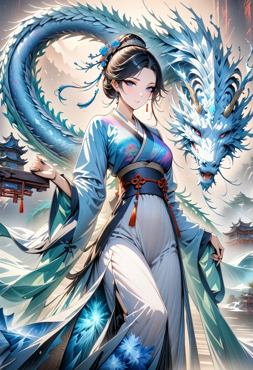 *8k masterpiece, top quality, best quality, official art, (Beauty and Aesthetics: 1.3), Very detailed, (fractal art: 1.3), rich and colorful, Ice and Chinese Dragon, Serpentine, nail, blue and 1 Woman, Han Chinese Women Media, hanfu, blue