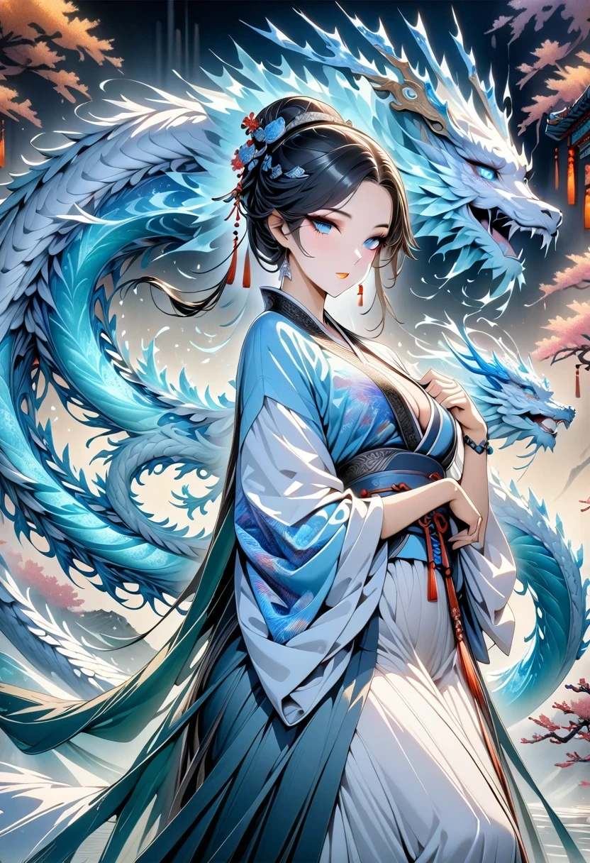 *8k masterpiece, top quality, best quality, official art, (Beauty and Aesthetics: 1.3), Very detailed, (fractal art: 1.3), rich and colorful, Ice and Chinese Dragon, Serpentine, nail, blue and 1 Woman, Han Chinese Women Media, hanfu, blue