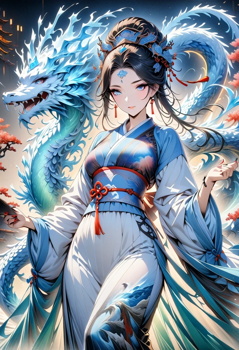 *8k masterpiece, top quality, best quality, official art, (Beauty and Aesthetics: 1.3), Very detailed, (fractal art: 1.3), rich and colorful, Ice and Chinese Dragon, Serpentine, nail, blue and 1 Woman, Han Chinese Women Media, hanfu, blue