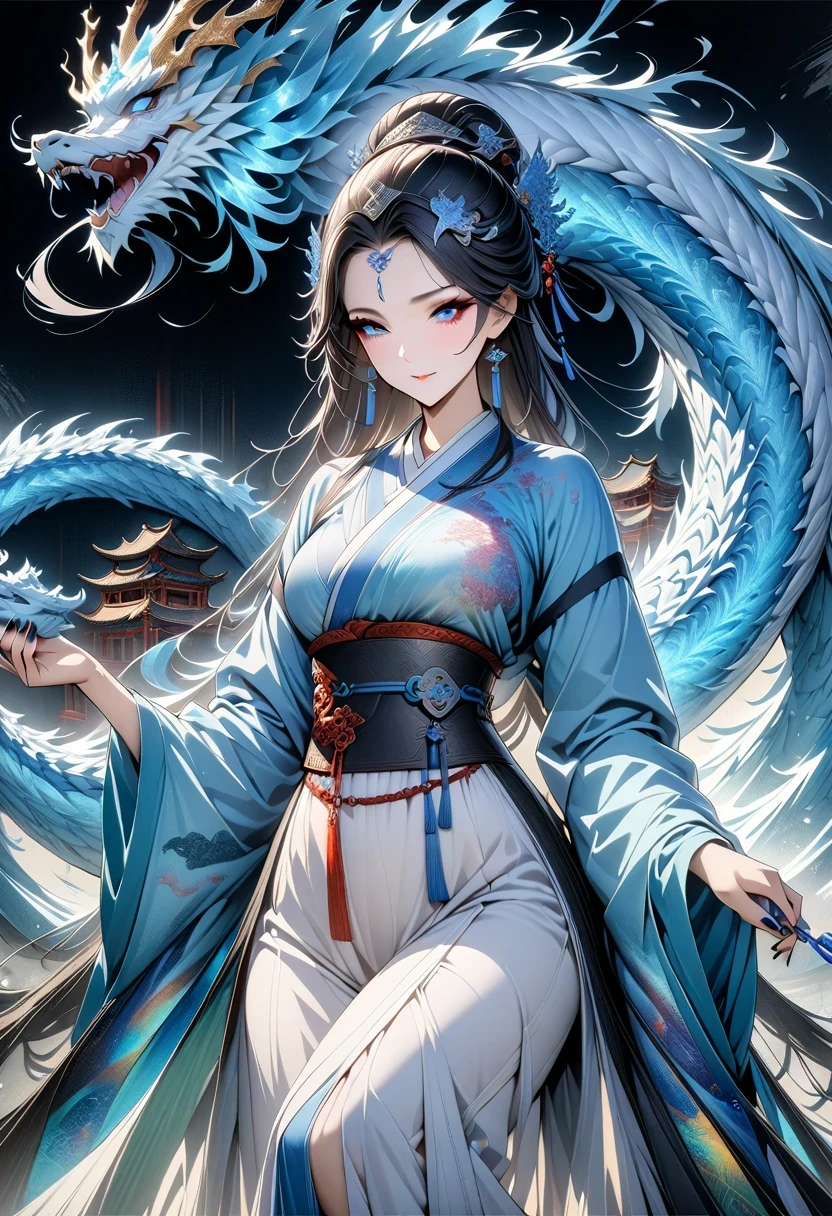 *8k masterpiece, top quality, best quality, official art, (Beauty and Aesthetics: 1.3), Very detailed, (fractal art: 1.3), rich and colorful, Ice and Chinese Dragon, Serpentine, nail, blue and 1 Woman, Han Chinese Women Media, hanfu, blue