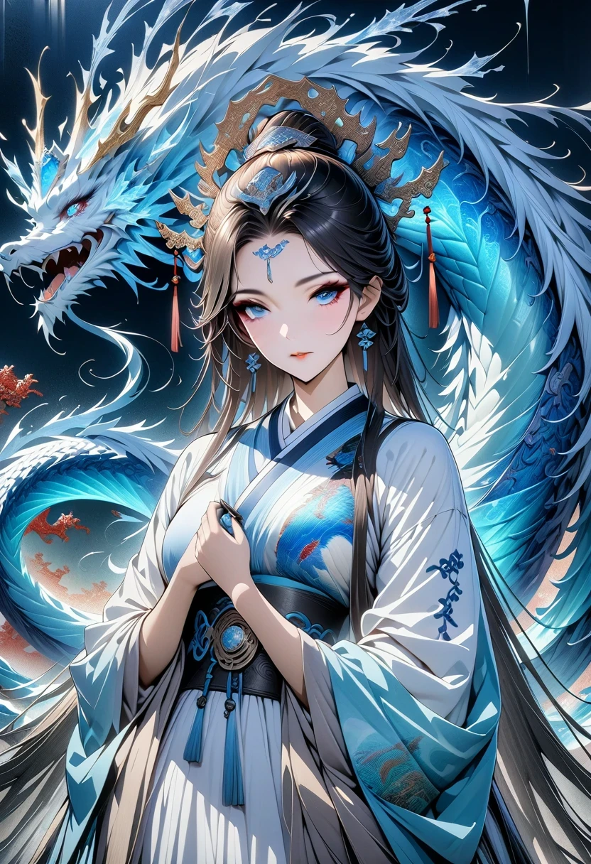 *8k masterpiece, top quality, best quality, official art, (Beauty and Aesthetics: 1.3), Very detailed, (fractal art: 1.3), rich and colorful, Ice and Chinese Dragon, Serpentine, nail, blue and 1 Woman, Han Chinese Women Media, hanfu, blue