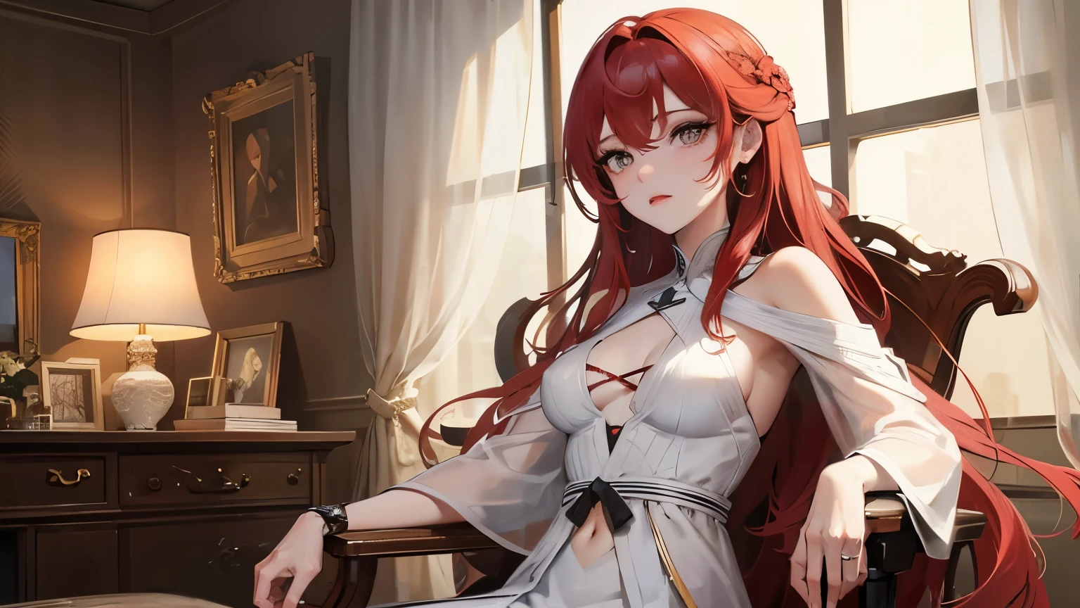 red long hair, masterpiece work, best quality, high resolution;,Improved detail，best quality，Perfect image quality，beautiful and sexy, first person view, small spots under the eyes , pretty, 큰 chest, 8K, ,chest 크게, pure white skin, chest, Beloved, excitement, beautiful, My heart is pounding,  red hair, glamour, tempting, , girl friend, Gray-eyed pupils, indoor room, sitting on a chair, Cross-legged, hip, glamour, big breast