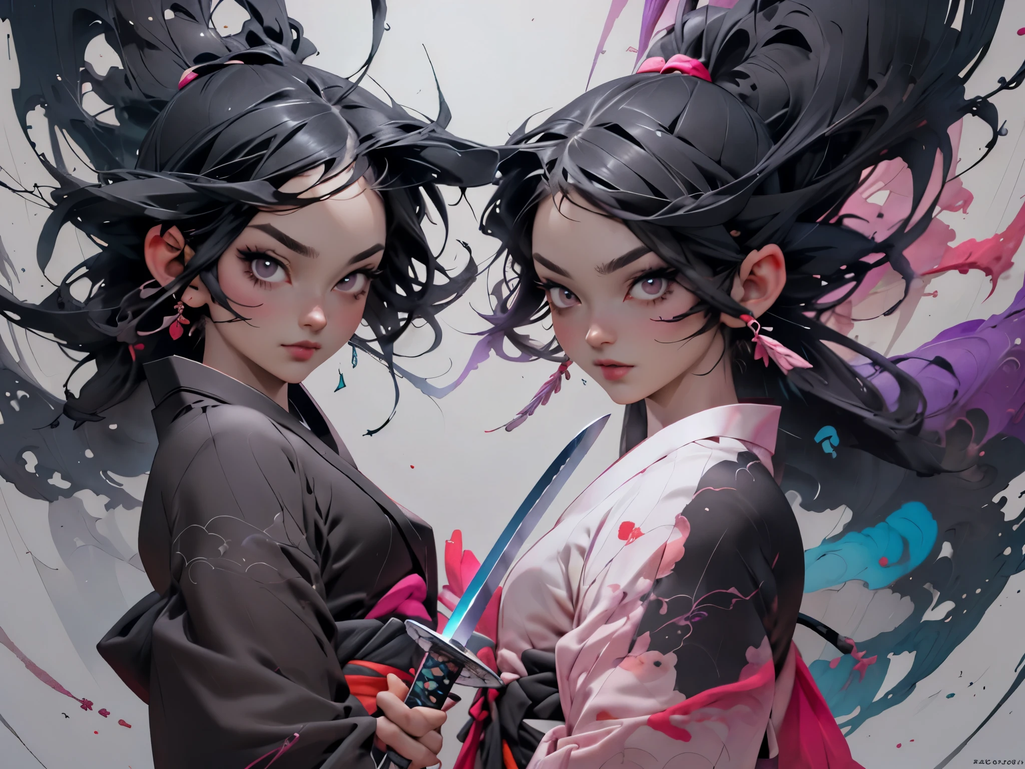 Anime - style illustration of two women with purple hair and black hair., Beautiful twins in yukata, holding a katana sword, Detailed digital anime art, Gouache style art, artgerm and rossdraws, wlop and artgerm, A very detailed RTM pathogen., artgerm and wlop, Argerm style, High quality 8k detailed artwork.