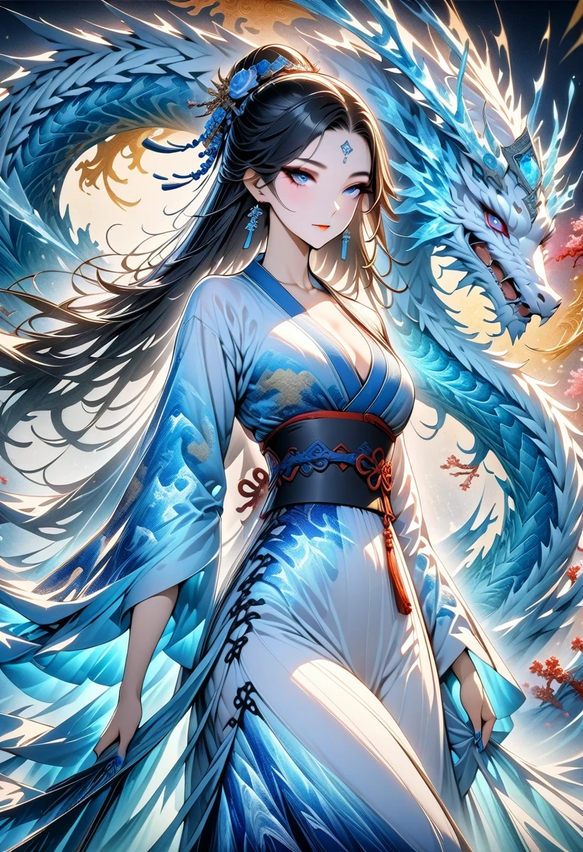 *8k masterpiece, top quality, best quality, official art, (Beauty and Aesthetics: 1.3), Very detailed, (fractal art: 1.3), rich and colorful, Ice and Chinese Dragon, Serpentine, nail, blue and 1 Woman, Han Chinese Women Media, hanfu, blue