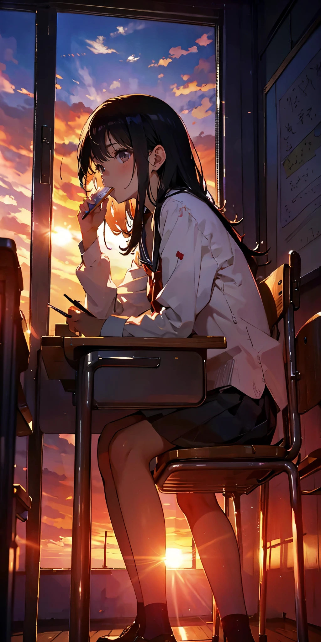 In the setting sun, a girl sits by the window of the classroom and looks up,Poke the 'pen in your mouth,He was wearing a white shirt