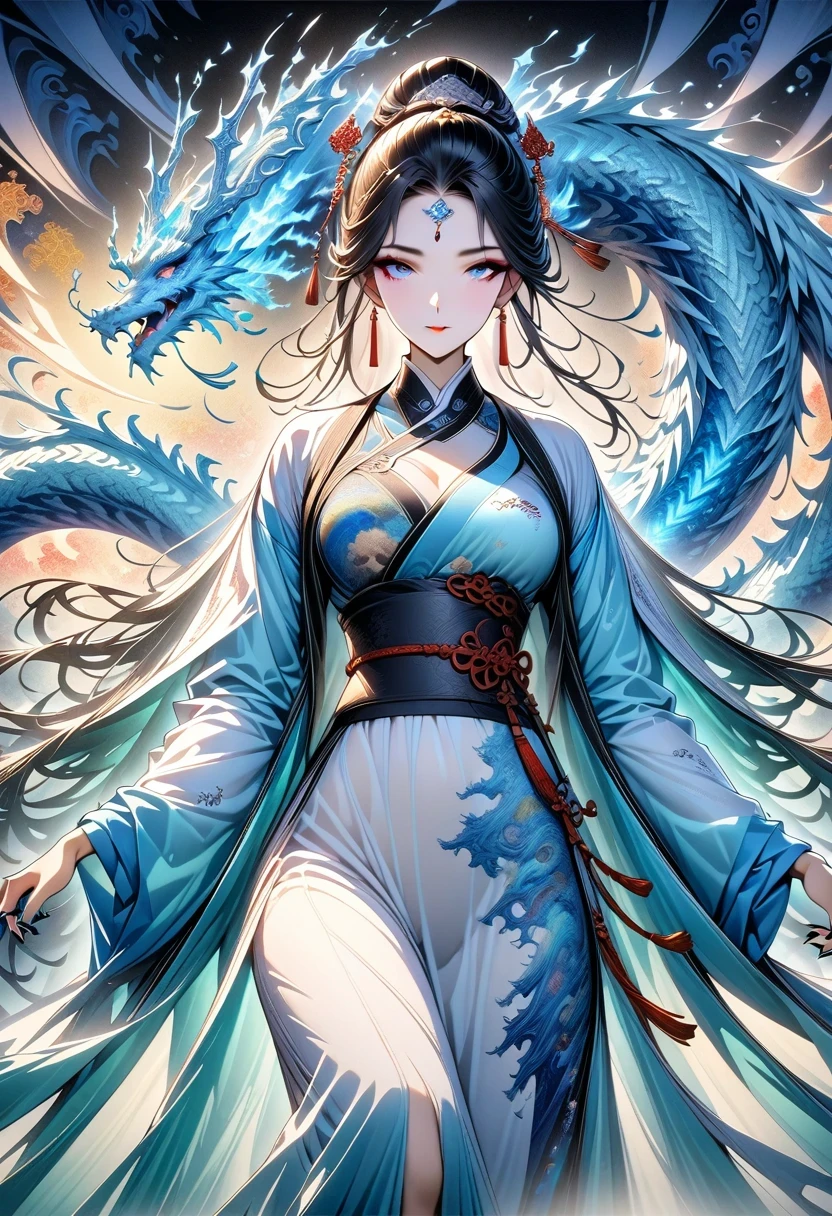 *8k masterpiece, top quality, best quality, official art, (Beauty and Aesthetics: 1.3), Very detailed, (fractal art: 1.3), rich and colorful, Ice and Chinese Dragon, Serpentine, nail, blue and 1 Woman, Han Chinese Women Media, hanfu, blue