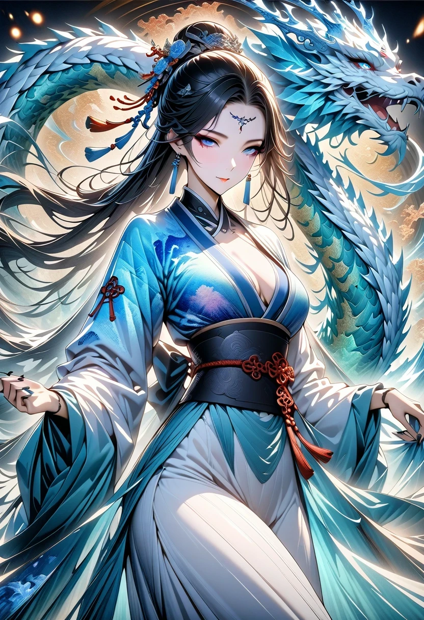 *8k masterpiece, top quality, best quality, official art, (Beauty and Aesthetics: 1.3), Very detailed, (fractal art: 1.3), rich and colorful, Ice and Chinese Dragon, Serpentine, nail, blue and 1 Woman, Han Chinese Women Media, hanfu, blue