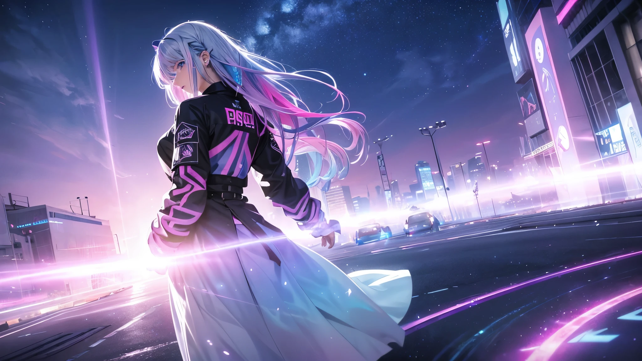 1 girl, 20 year old girl, one person, (Silver blue hair streaked pink purple:1.4), (Gradient sky blue hair ends:1.6), hair strand, absurdly long hair, single sidelock, wavy hair, shiny hair, floating hair, (Illusion deep purple eyes), delicate eyes, aqua eyes, High like real eyes, ((glowing eyes)), makeup, Focus on face, Very detailed facial, hot body, Random environment, Random pose, on the street, looking at the starry night sky, meteor, Technical clothing masterpiece, White extra long skirt, several cross stars beside, Colored lights swirl around the body, (((Extra super huge colorful extra super complex multiple glowing magic circle upright on the back of the head))), cyberpunk, full body shot, realism, chiaroscuro, (glowing light), sparkle, ray tracing, cinematic lighting, Futurism, motion blur, Ultra-Wide Angle, god rays, atmospheric perspective, best quality, UHD, super detail, masterpiece, highres, ccurate, retina