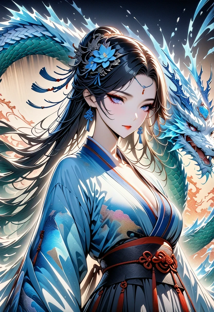 *8k masterpiece, top quality, best quality, official art, (Beauty and Aesthetics: 1.3), Very detailed, (fractal art: 1.3), rich and colorful, Ice and Chinese Dragon, Serpentine, nail, blue and 1 Woman, Han Chinese Women Media, hanfu, blue