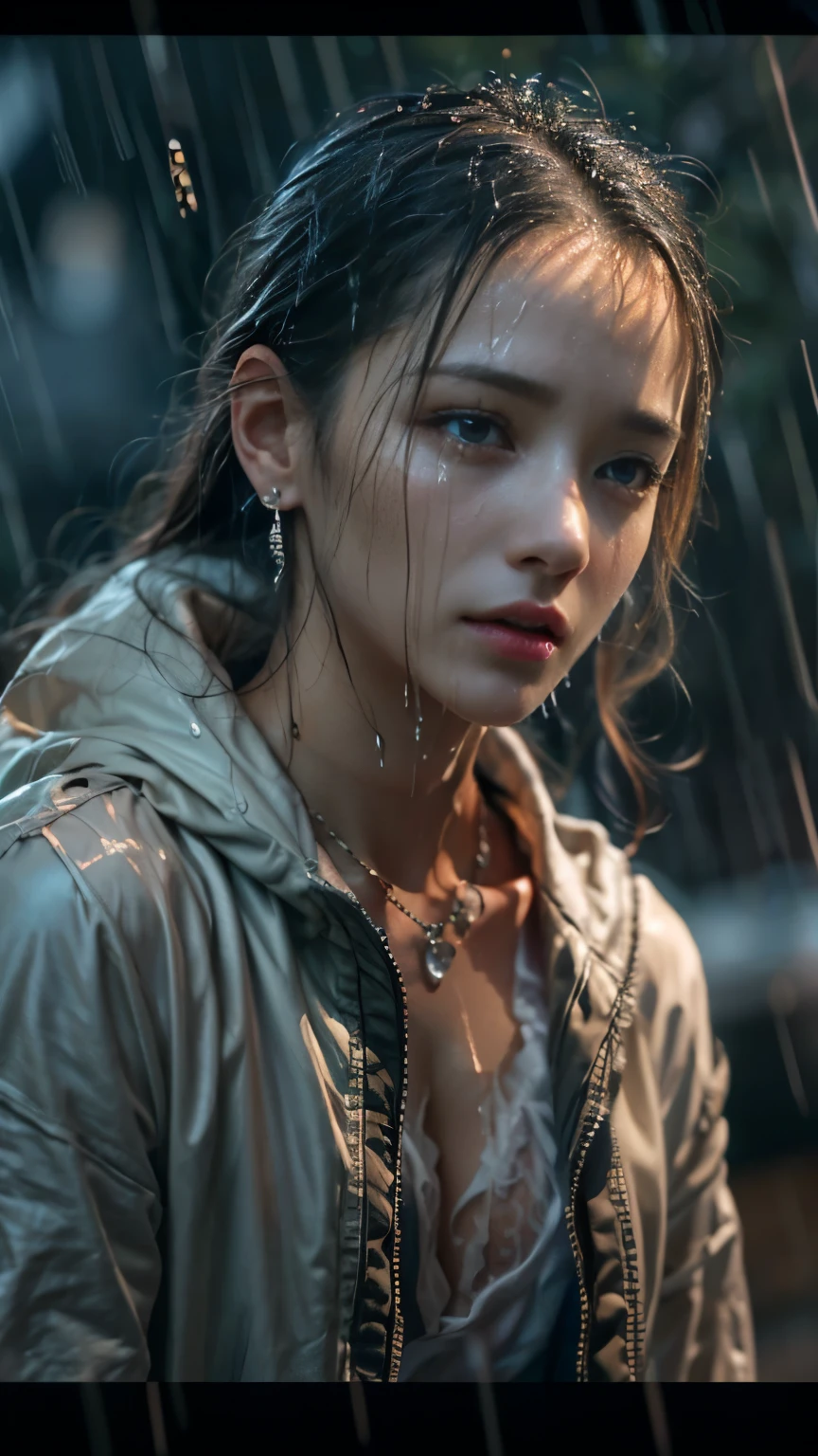 ( Highest quality,4K,8k,High resolution,masterpiece:1.2),Very detailed,(Realistic,photoRealistic,photo-Realistic:1.37),Rainy landscape,stress,Outdoor,Gloomy atmosphere,Realistic droplets on the face,Soaked clothes,Dark colors,despair,Devastation,Lonely,Lost in Thought,Emotional,Wet roads,Apply mascara to your face,Tears ran down my cheeks.,Rain-soaked hat,Water dripping from hair,Shrug,Visible sadness,Pouring rain,thunderstorm,Severe Weather,Tragic,Deep sorrow,heartache,negative emotion,despairing expression,Cold and wet,pale,Heavy rain,Wet road surface,Tears fall rapidly,Lonely,Devastation.