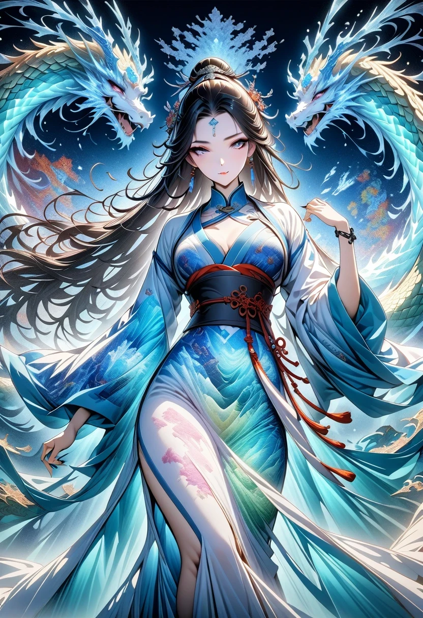 *8k masterpiece, top quality, best quality, official art, (Beauty and Aesthetics: 1.3), Very detailed, (fractal art: 1.3), rich and colorful, Ice and Chinese Dragon, Serpentine, nail, blue and 1 Woman, Han Chinese Women Media, hanfu, blue