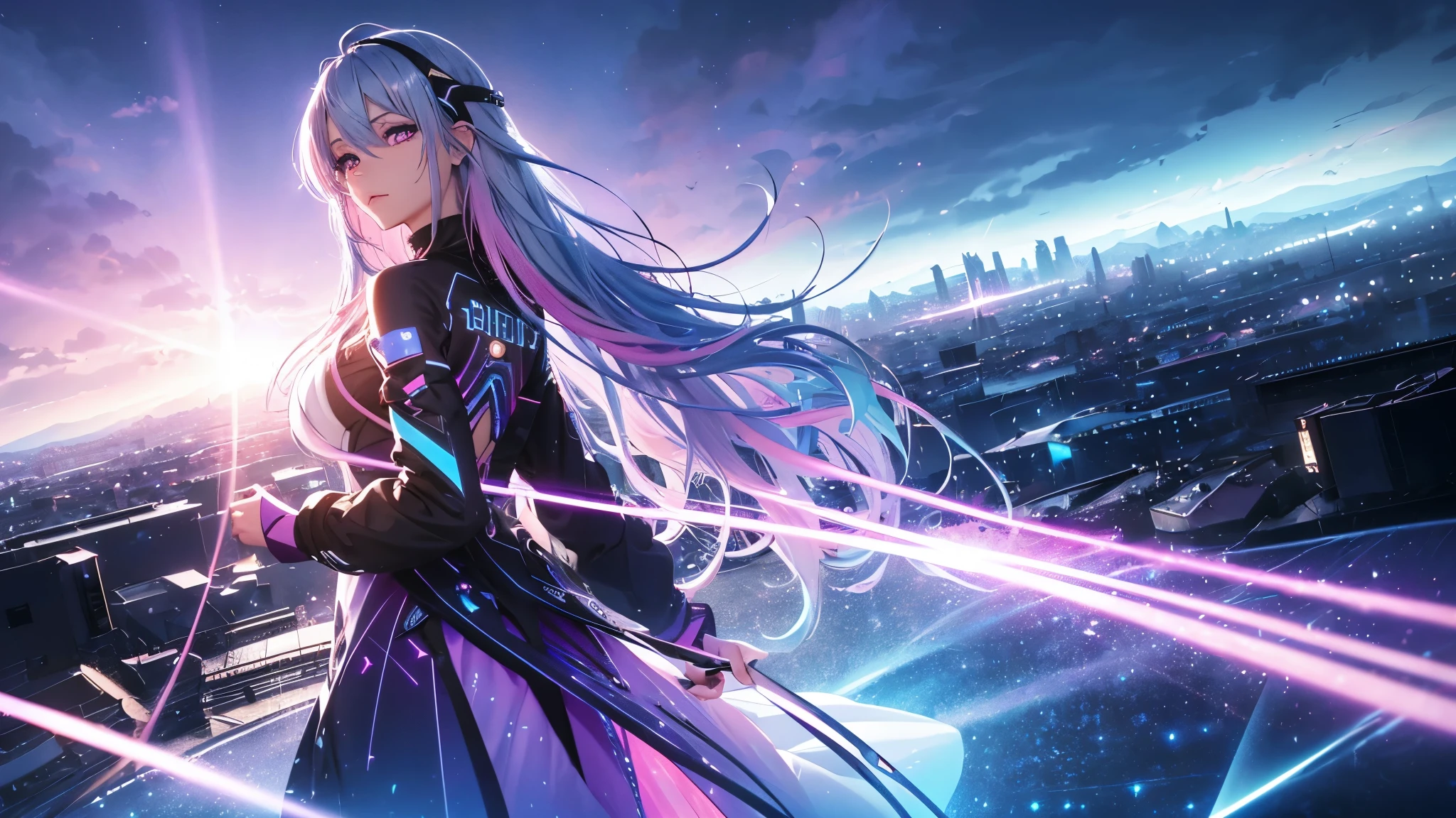 1 girl, 20 year old girl, one person, (Silver blue hair streaked pink purple:1.4), (Gradient sky blue hair ends:1.6), hair strand, absurdly long hair, single sidelock, wavy hair, shiny hair, floating hair, (Illusion deep purple eyes), delicate eyes, aqua eyes, High like real eyes, ((glowing eyes)), makeup, Focus on face, Very detailed facial, hot body, Random environment, Random pose, on the street, looking at the starry night sky, meteor, Technical clothing masterpiece, White extra long skirt, several cross stars beside, Colored lights swirl around the body, (((Extra super huge colorful extra super complex multiple glowing magic circle upright on the back of the head))), cyberpunk, full body shot, realism, chiaroscuro, (glowing light), sparkle, ray tracing, cinematic lighting, Futurism, motion blur, Ultra-Wide Angle, god rays, atmospheric perspective, best quality, UHD, super detail, masterpiece, highres, ccurate, retina