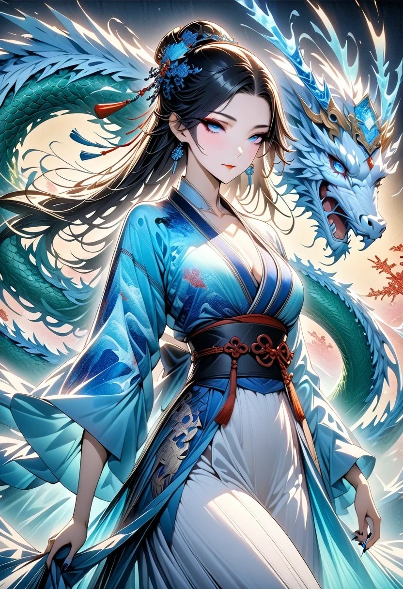 *8k masterpiece, top quality, best quality, official art, (Beauty and Aesthetics: 1.3), Very detailed, (fractal art: 1.3), rich and colorful, Ice and Chinese Dragon, Serpentine, nail, blue and 1 Woman, Han Chinese Women Media, hanfu, blue