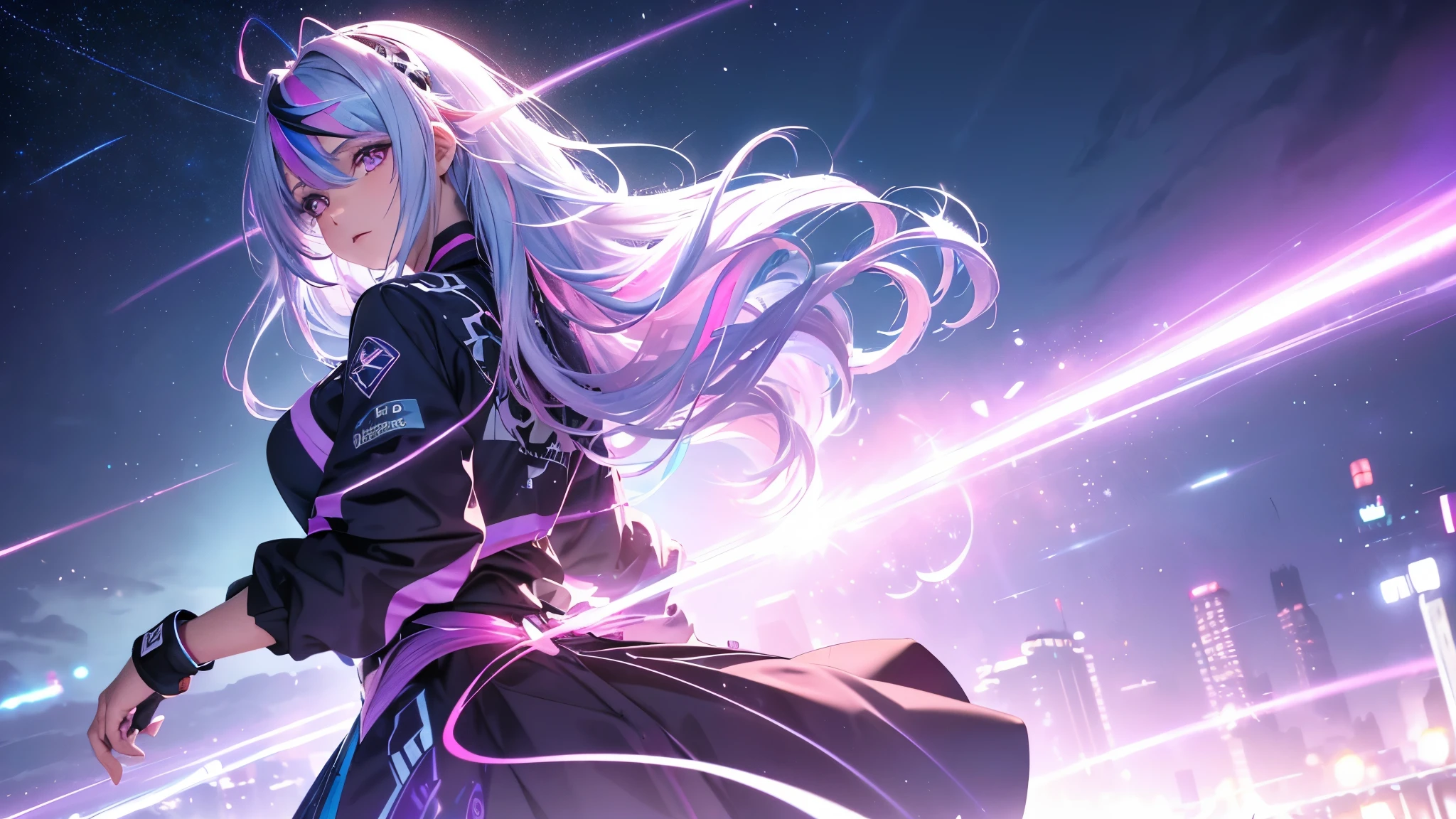 1 girl, 20 year old girl, one person, (Silver blue hair streaked pink purple:1.4), (Gradient sky blue hair ends:1.6), hair strand, absurdly long hair, single sidelock, wavy hair, shiny hair, floating hair, (Illusion deep purple eyes), delicate eyes, aqua eyes, High like real eyes, ((glowing eyes)), makeup, Focus on face, Very detailed facial, hot body, Random environment, Random pose, on the street, looking at the starry night sky, meteor, Technical clothing masterpiece, White extra long skirt, several cross stars beside, Colored lights swirl around the body, (((Extra super huge colorful extra super complex multiple glowing magic circle upright on the back of the head))), cyberpunk, full body shot, realism, chiaroscuro, (glowing light), sparkle, ray tracing, cinematic lighting, Futurism, motion blur, Ultra-Wide Angle, god rays, atmospheric perspective, best quality, UHD, super detail, masterpiece, highres, ccurate, retina