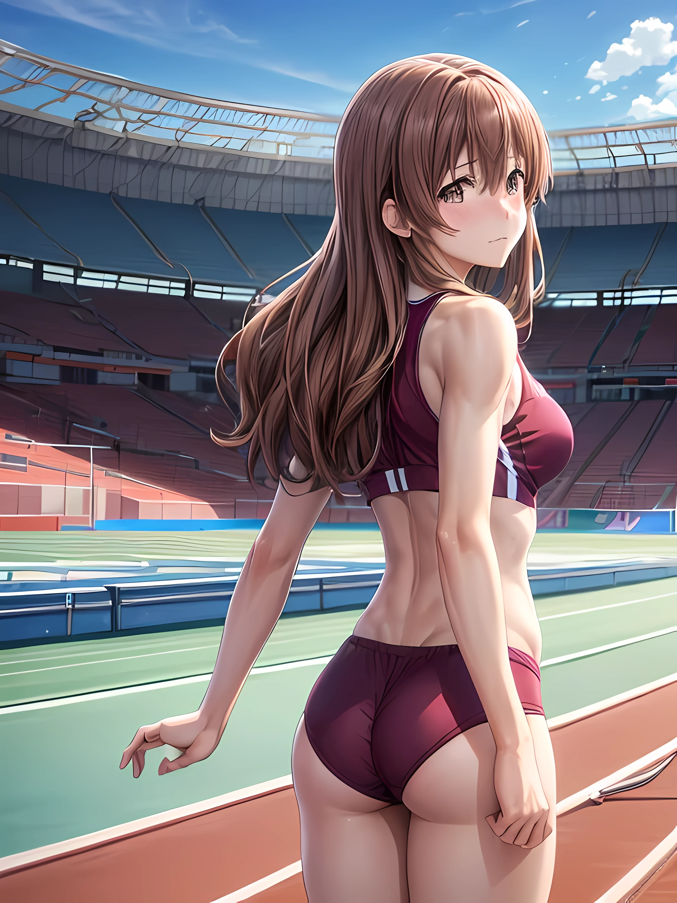 (masutepiece:1.3), (8K, Photorealistic, Best Quality: 1.4), (realskin), Beautiful skin, Ultra high definition, Hyper-realistic, hight resolution, 
(Track of the athletics stadium, track and field:1.5), (from the rear:1.4), (Dig into the buttocks:1.2),
BREAK girl, shouko_nishimiya, 10 yo, light brown hair, long hair, shiny hair, (beautiful detailed brown eyes), (large breasts:0.9), beautiful face, 
embarrassed, nose blush, frown, light smile,
(athletic field）
