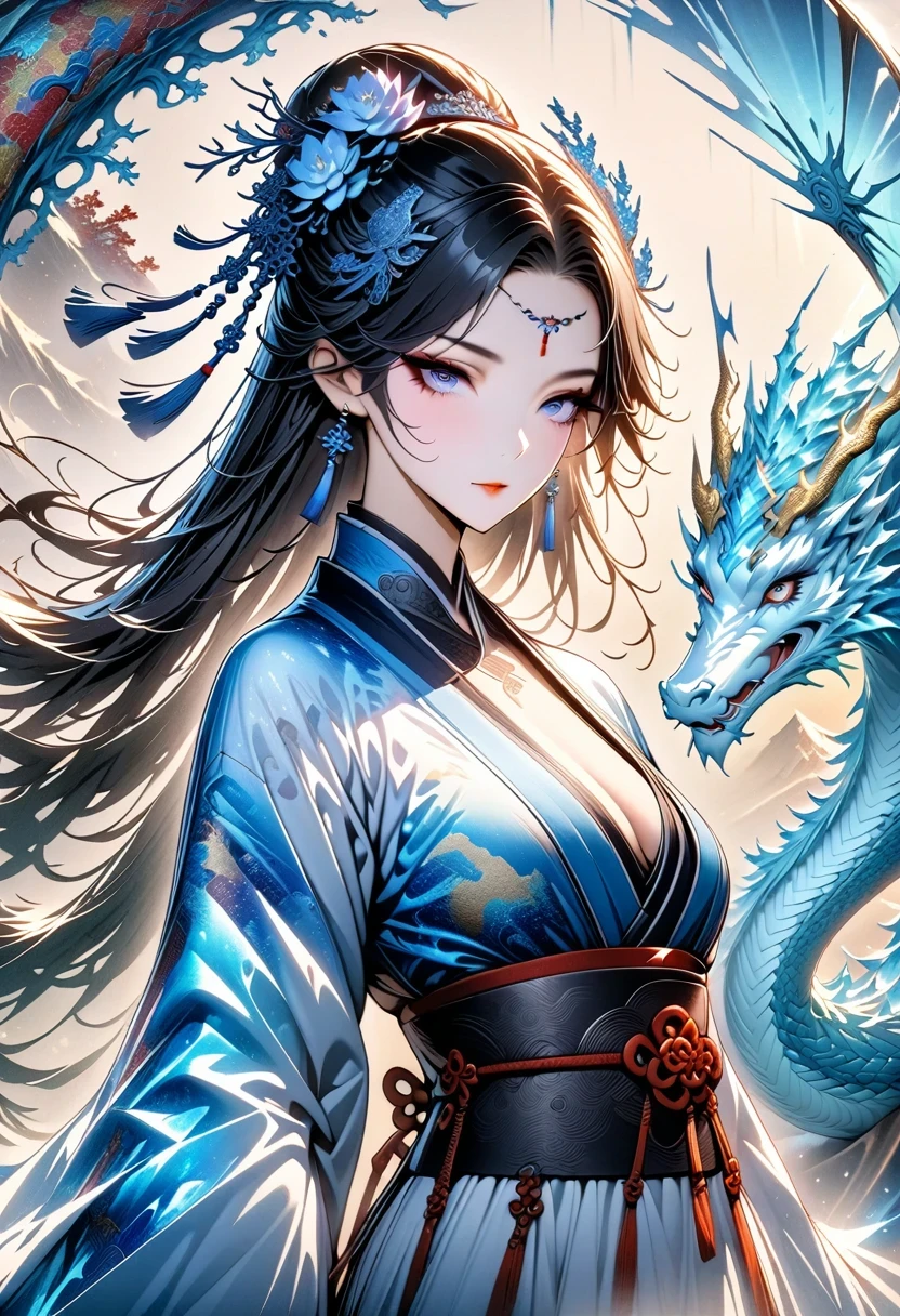 *8k masterpiece, top quality, best quality, official art, (Beauty and Aesthetics: 1.3), Very detailed, (fractal art: 1.3), rich and colorful, Ice and Chinese Dragon, Serpentine, nail, blue and 1 Woman, Han Chinese Women Media, hanfu, blue
