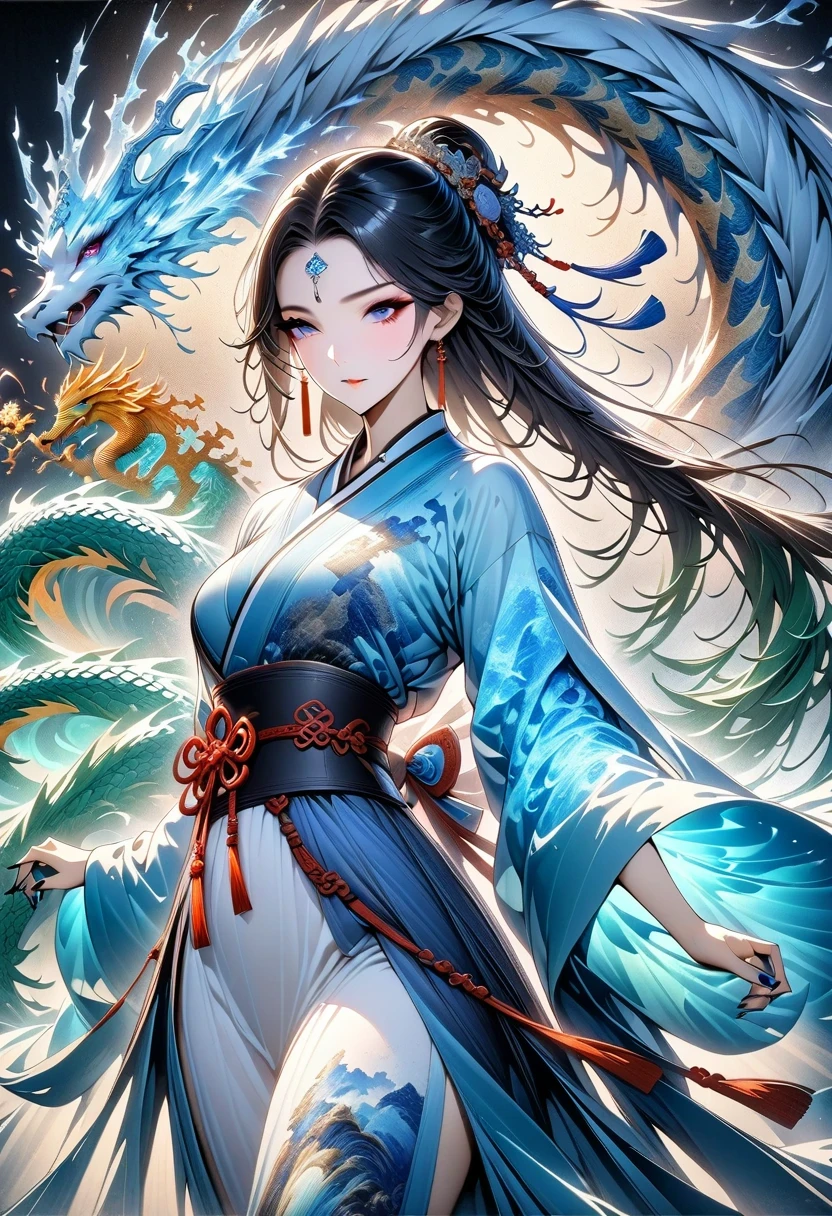 *8k masterpiece, top quality, best quality, official art, (Beauty and Aesthetics: 1.3), Very detailed, (fractal art: 1.3), rich and colorful, Ice and Chinese Dragon, Serpentine, nail, blue and 1 Woman, Han Chinese Women Media, hanfu, blue