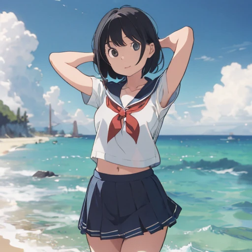 (Tabletop, Highest quality, High resolution:1.5, Anime Color, Anime key visual, sharp, 8k, Realistic), (Beautiful attention to detail:1.5, Beautifully detailed face:1.2), smile、Embarrassed、blush、(Black Hair、ponytail)、Black Sailor Suit、skirt、tits、Pink underwear、Thick pubic hair、Half naked、(Perfectly detailed anatomy, Beautiful detailed hair, Beautiful and exquisite body:1.2, Glowing Skin), (Thick outline, Beautiful contours, Black outline)、skirtをめくる、skirtをたくし上げる、grassland、Shooting from below、Underwear close-up