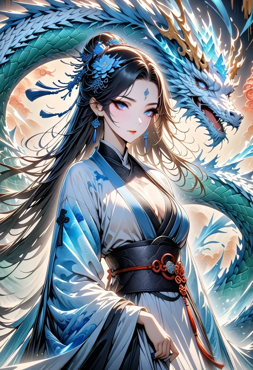 *8k masterpiece, top quality, best quality, official art, (Beauty and Aesthetics: 1.3), Very detailed, (fractal art: 1.3), rich and colorful, Ice and Chinese Dragon, Serpentine, nail, blue and 1 Woman, Han Chinese Women Media, hanfu, blue