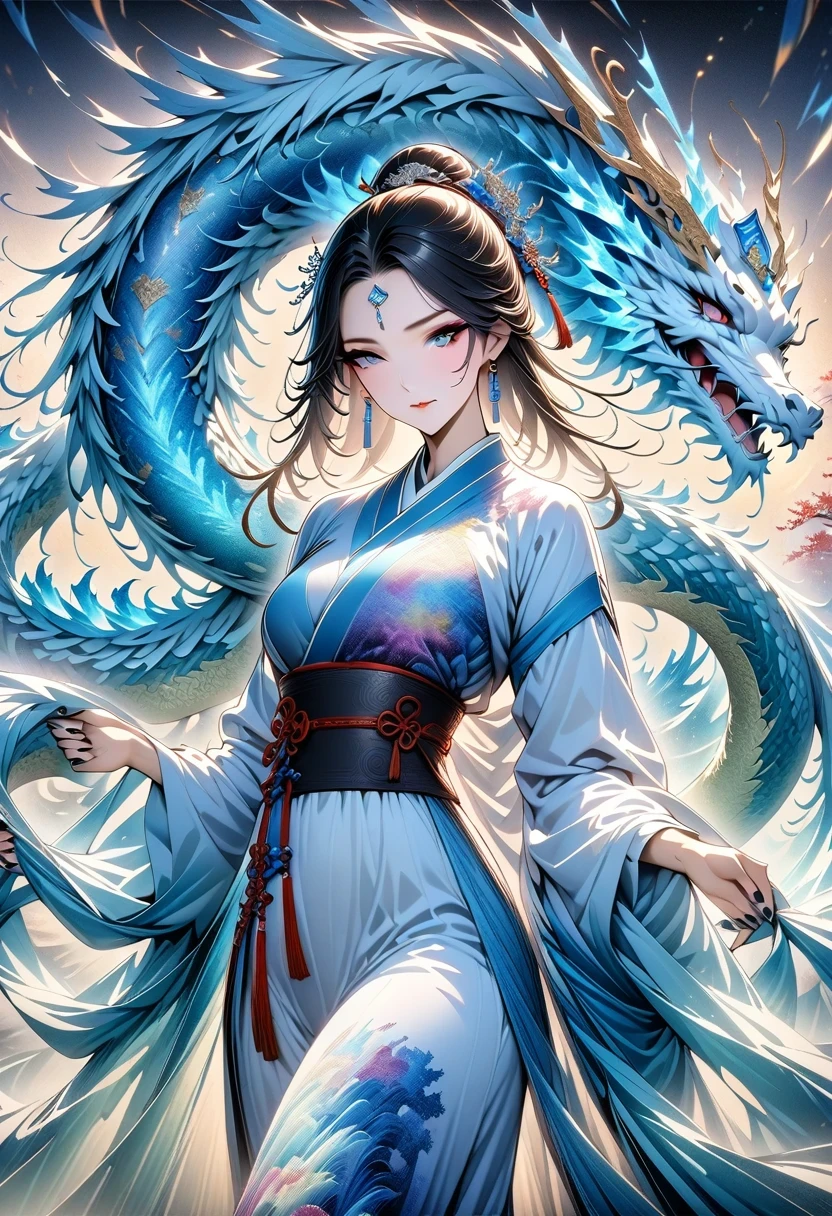 *8k masterpiece, top quality, best quality, official art, (Beauty and Aesthetics: 1.3), Very detailed, (fractal art: 1.3), rich and colorful, Ice and Chinese Dragon, Serpentine, nail, blue and 1 Woman, Han Chinese Women Media, hanfu, blue