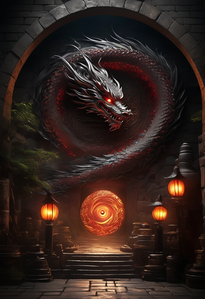  Mysterious dragon eye dragon lives in the dungeon(Scenes with dungeons)The mysterious dragon eye shines mysteriously in the darkness，Hidden wisdom and power of the dragon，

            Create a mysterious and sacred atmosphere。 Magical mysterious fantasy highly detailed digital art, dragon artwork, High-detail digital art, sacred atmosphere, intricate and full of mystery, local master Gao Pinjia&#39;s high-definition art work, mysterious atmosphere of light and shadow art, anatomically correct