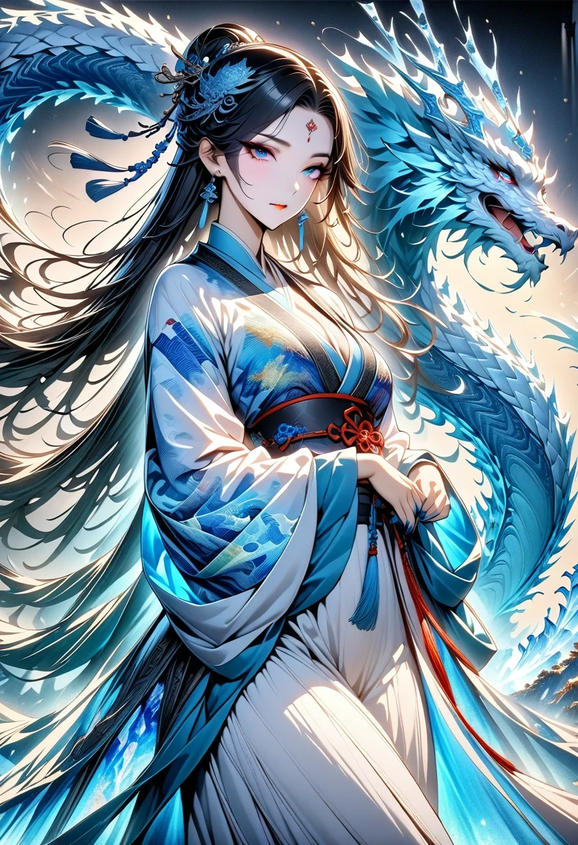 *8k masterpiece, top quality, best quality, official art, (Beauty and Aesthetics: 1.3), Very detailed, (fractal art: 1.3), rich and colorful, Ice and Chinese Dragon, Serpentine, nail, blue and 1 Woman, Han Chinese Women Media, hanfu, blue